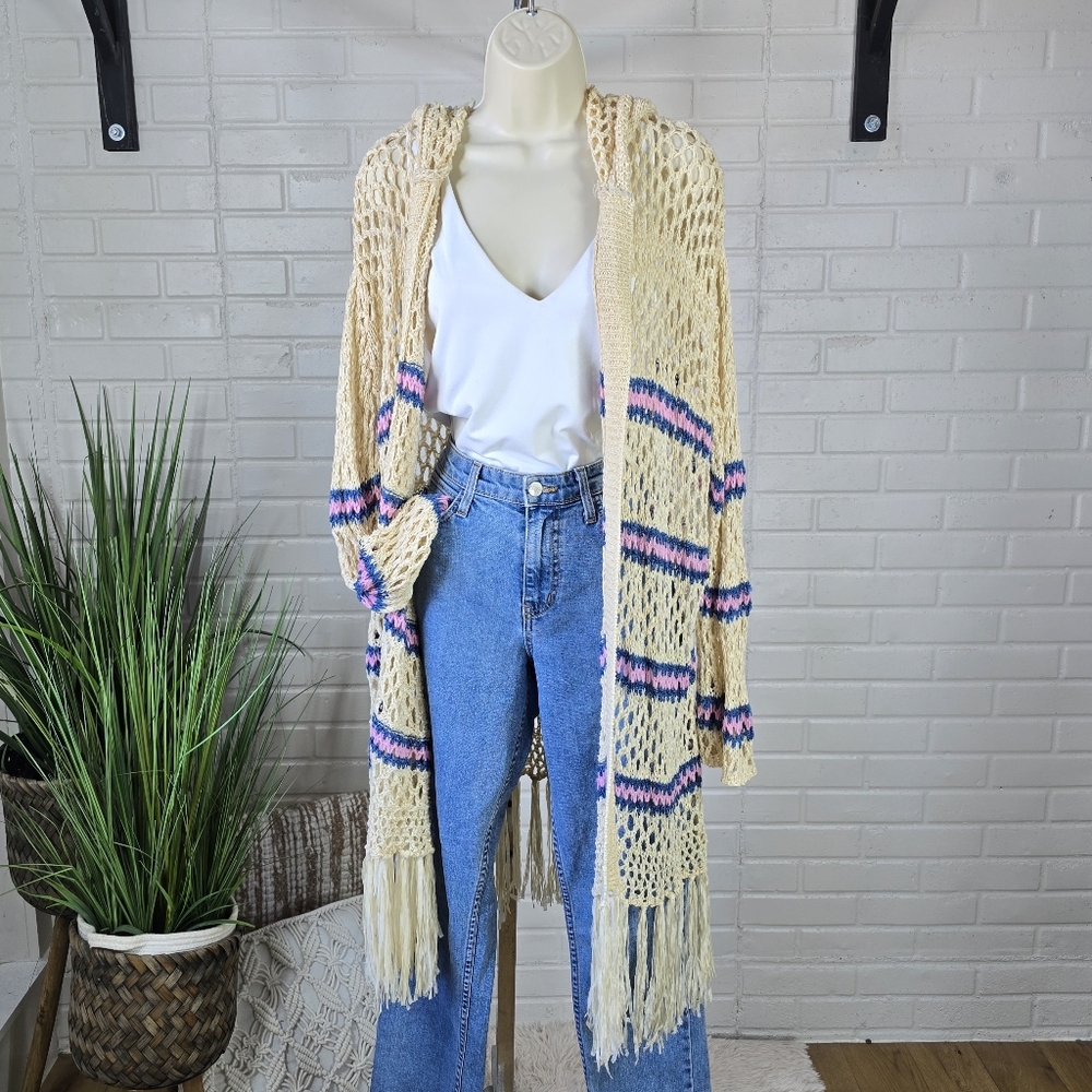 POL Boho Crochet Knit Fringe Open Front Cardigan Oversized Small